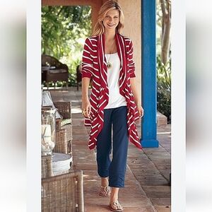 Soft Surroundings-Red Stripe Open Front Knit Cardigan Sweater-Size PP